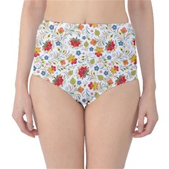 Red Yellow Flower Pattern Classic High-waist Bikini Bottoms by designsbymallika