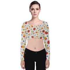 Red Yellow Flower Pattern Velvet Long Sleeve Crop Top by designsbymallika