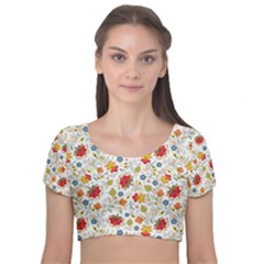 Red Yellow Flower Pattern Velvet Short Sleeve Crop Top  by designsbymallika