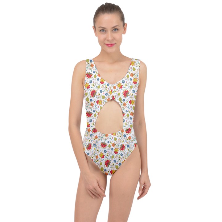 Red Yellow Flower Pattern Center Cut Out Swimsuit