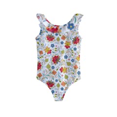 Red Yellow Flower Pattern Kids  Frill Swimsuit by designsbymallika