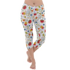 Red Yellow Flower Pattern Lightweight Velour Capri Yoga Leggings by designsbymallika