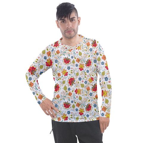 Red Yellow Flower Pattern Men s Pique Long Sleeve Tee by designsbymallika