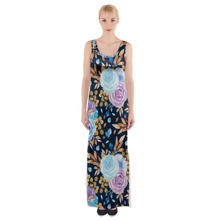 Rose Flower Pattern Thigh Split Maxi Dress