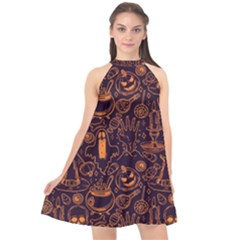 Halloween Pattern 5 Halter Neckline Chiffon Dress  by designsbymallika