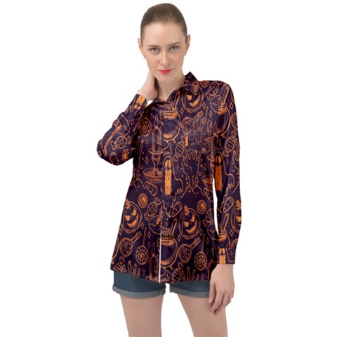 Halloween Pattern 5 Long Sleeve Satin Shirt by designsbymallika