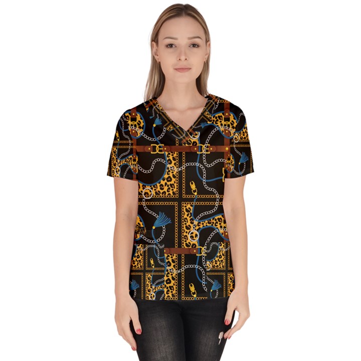 Chains Pattern Women s V-Neck Scrub Top