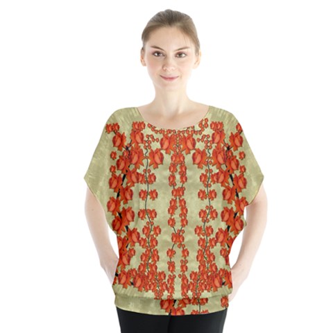 Roses Decorative In The Golden Environment Batwing Chiffon Blouse by pepitasart