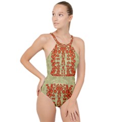 Roses Decorative In The Golden Environment High Neck One Piece Swimsuit by pepitasart