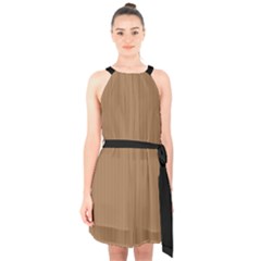 Bone Brown - Halter Collar Waist Tie Chiffon Dress by FashionLane