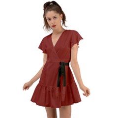 Chili Oil Red - Flutter Sleeve Wrap Dress by FashionLane