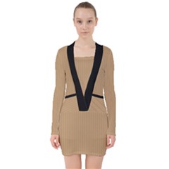 Wood Brown - V-neck Bodycon Long Sleeve Dress by FashionLane