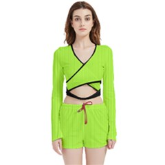 Chartreuse Green - Velvet Wrap Crop Top And Shorts Set