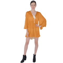 Deep Saffron - V-neck Flare Sleeve Mini Dress by FashionLane