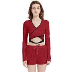 Just Red - Velvet Wrap Crop Top And Shorts Set