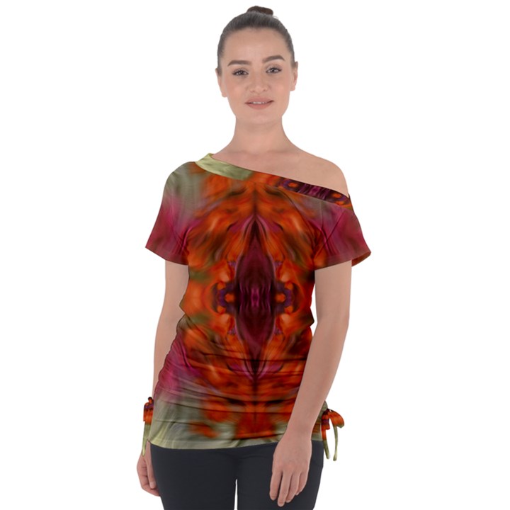 Landscape In A Colorful Structural Habitat Ornate Off Shoulder Tie-Up Tee