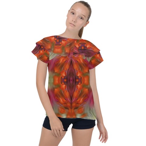 Landscape In A Colorful Structural Habitat Ornate Ruffle Collar Chiffon Blouse by pepitasart