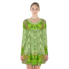 Landscape In A Green Structural Habitat Ornate Long Sleeve Velvet V-neck Dress by pepitasart