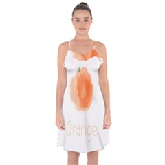 Orange Fruit Watercolor Painted Ruffle Detail Chiffon Dress