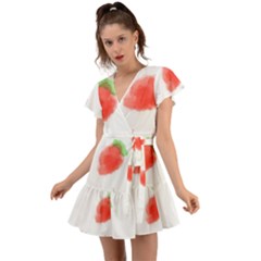 Strawbery Fruit Watercolor Painted Flutter Sleeve Wrap Dress