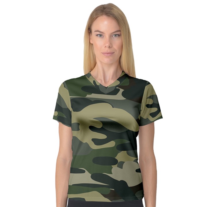 Green Military Camouflage Pattern V-Neck Sport Mesh Tee