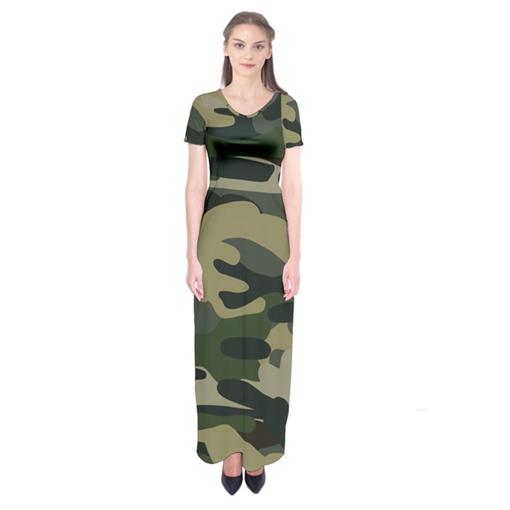 Green Military Camouflage Pattern Short Sleeve Maxi Dress