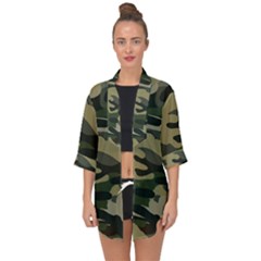 Green Military Camouflage Pattern Open Front Chiffon Kimono by fashionpod