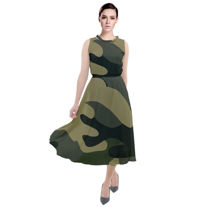 Green Military Camouflage Pattern Round Neck Boho Dress