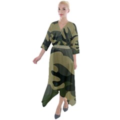 Green Military Camouflage Pattern Quarter Sleeve Wrap Front Maxi Dress