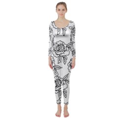 Line Art Black And White Rose Long Sleeve Catsuit by MintanArt