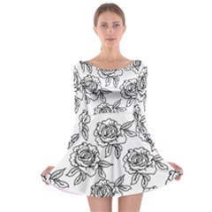 Line Art Black And White Rose Long Sleeve Skater Dress by MintanArt