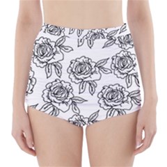 Line Art Black And White Rose High-waisted Bikini Bottoms by MintanArt