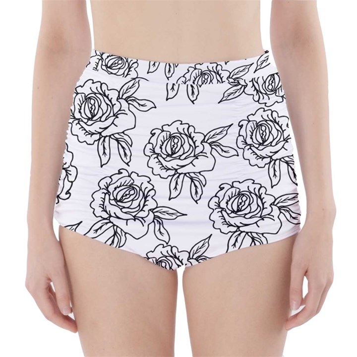 Line Art Black And White Rose High-Waisted Bikini Bottoms