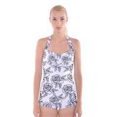 Line Art Black And White Rose Boyleg Halter Swimsuit  by MintanArt