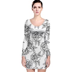 Line Art Black And White Rose Long Sleeve Velvet Bodycon Dress