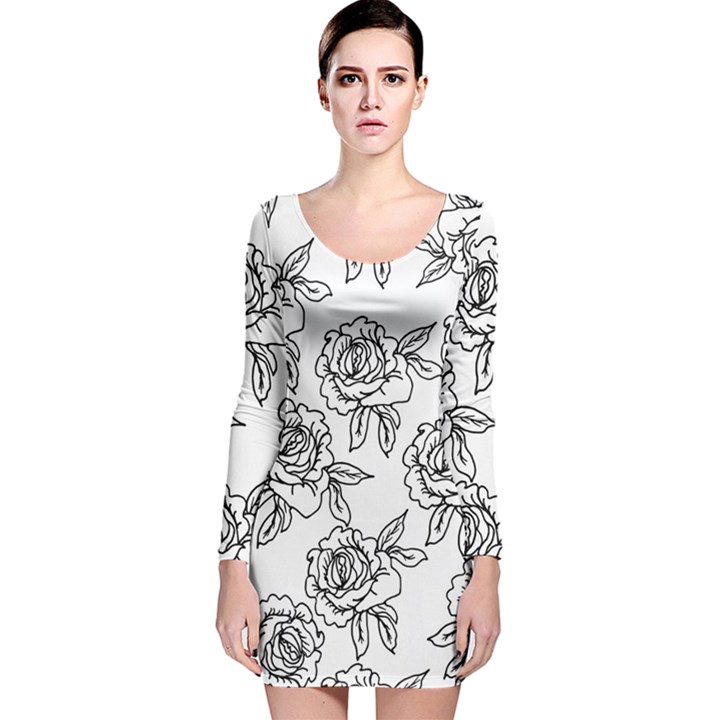 Line Art Black And White Rose Long Sleeve Velvet Bodycon Dress