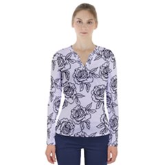 Line Art Black And White Rose V-neck Long Sleeve Top by MintanArt