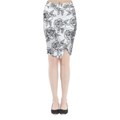 Line Art Black And White Rose Midi Wrap Pencil Skirt by MintanArt