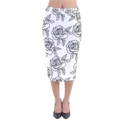 Line Art Black And White Rose Velvet Midi Pencil Skirt by MintanArt