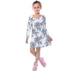 Line Art Black And White Rose Kids  Long Sleeve Velvet Dress