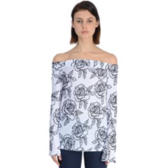 Line Art Black And White Rose Off Shoulder Long Sleeve Top by MintanArt