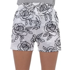 Line Art Black And White Rose Sleepwear Shorts by MintanArt