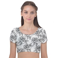 Line Art Black And White Rose Velvet Short Sleeve Crop Top  by MintanArt