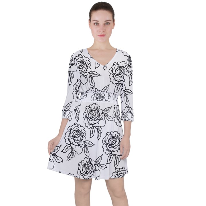 Line Art Black And White Rose Ruffle Dress