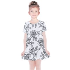 Line Art Black And White Rose Kids  Simple Cotton Dress by MintanArt