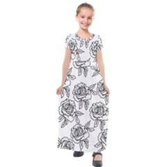 Line Art Black And White Rose Kids  Short Sleeve Maxi Dress by MintanArt