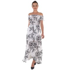 Line Art Black And White Rose Off Shoulder Open Front Chiffon Dress by MintanArt