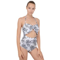 Line Art Black And White Rose Scallop Top Cut Out Swimsuit by MintanArt