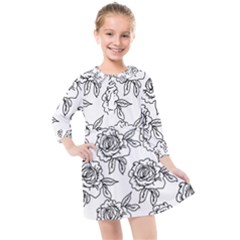 Line Art Black And White Rose Kids  Quarter Sleeve Shirt Dress by MintanArt