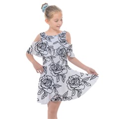 Line Art Black And White Rose Kids  Shoulder Cutout Chiffon Dress by MintanArt